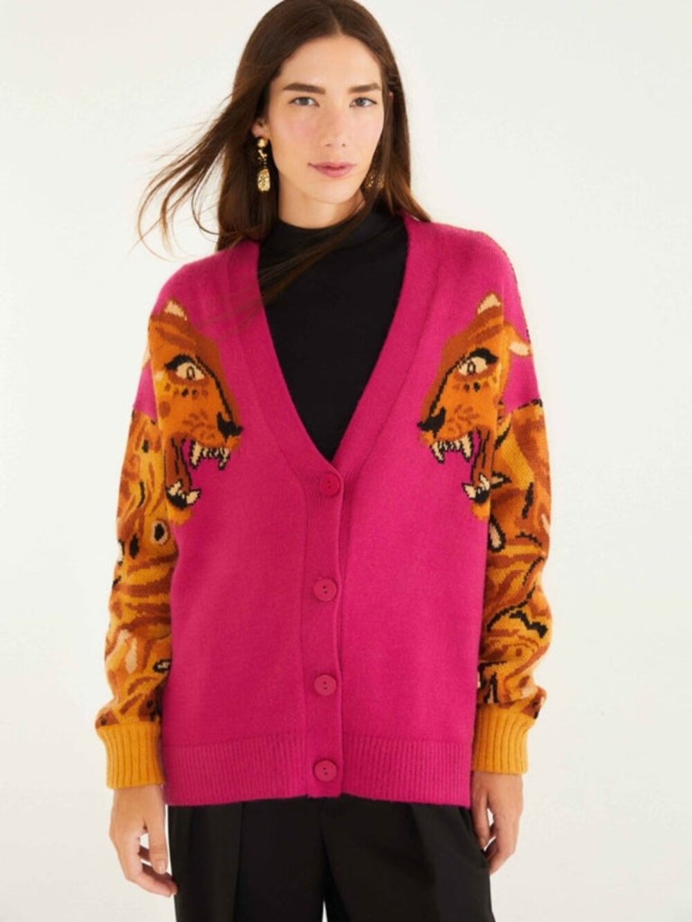 Farm Rio Pink Bold Tiger Buttoned Knit Cardigan Sweater Women's Size XS
